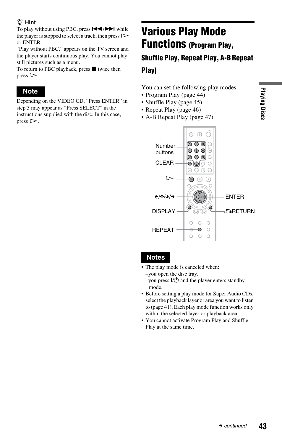 Repeat play, a-b repeat play), Mode (43), Various play mode functions | Sony DVP-NS9100ES User Manual | Page 43 / 96
