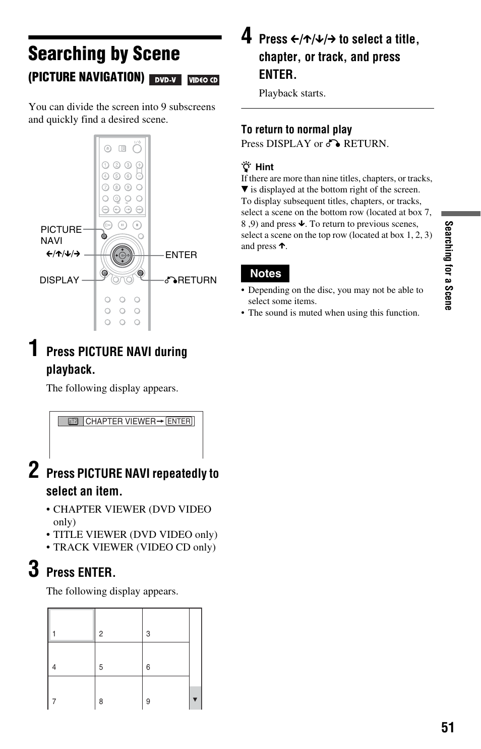 Searching by scene (picture navigation), Button (51), Searching by scene | Sony DVP-NS9100ES User Manual | Page 51 / 96