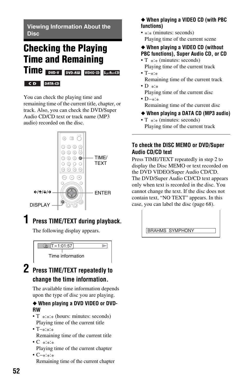 Viewing information about the disc, Checking the playing time and remaining time | Sony DVP-NS9100ES User Manual | Page 52 / 96