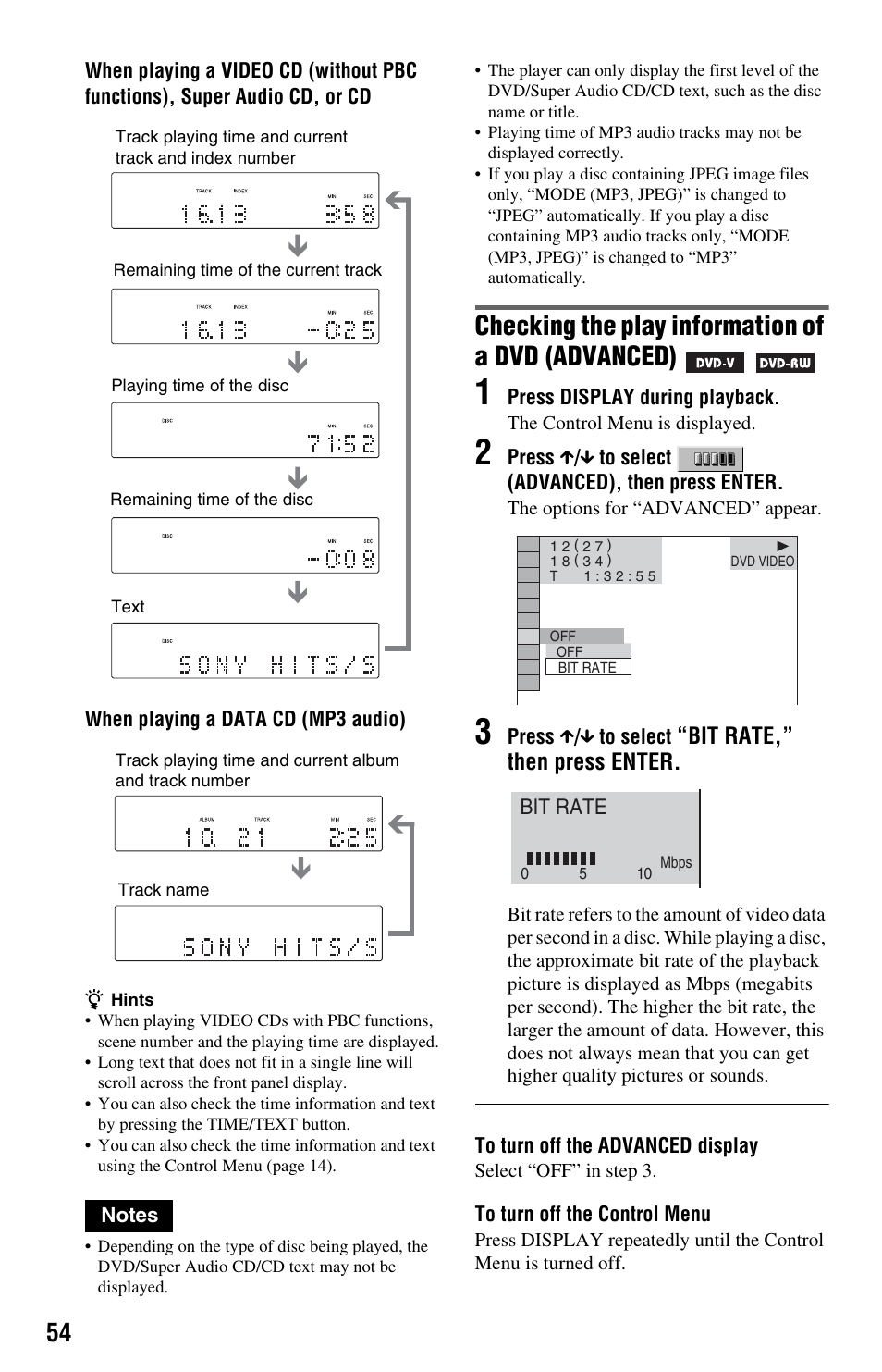 M (54), Checking the play information of a dvd (advanced), Bit rate,” then press enter | Sony DVP-NS9100ES User Manual | Page 54 / 96