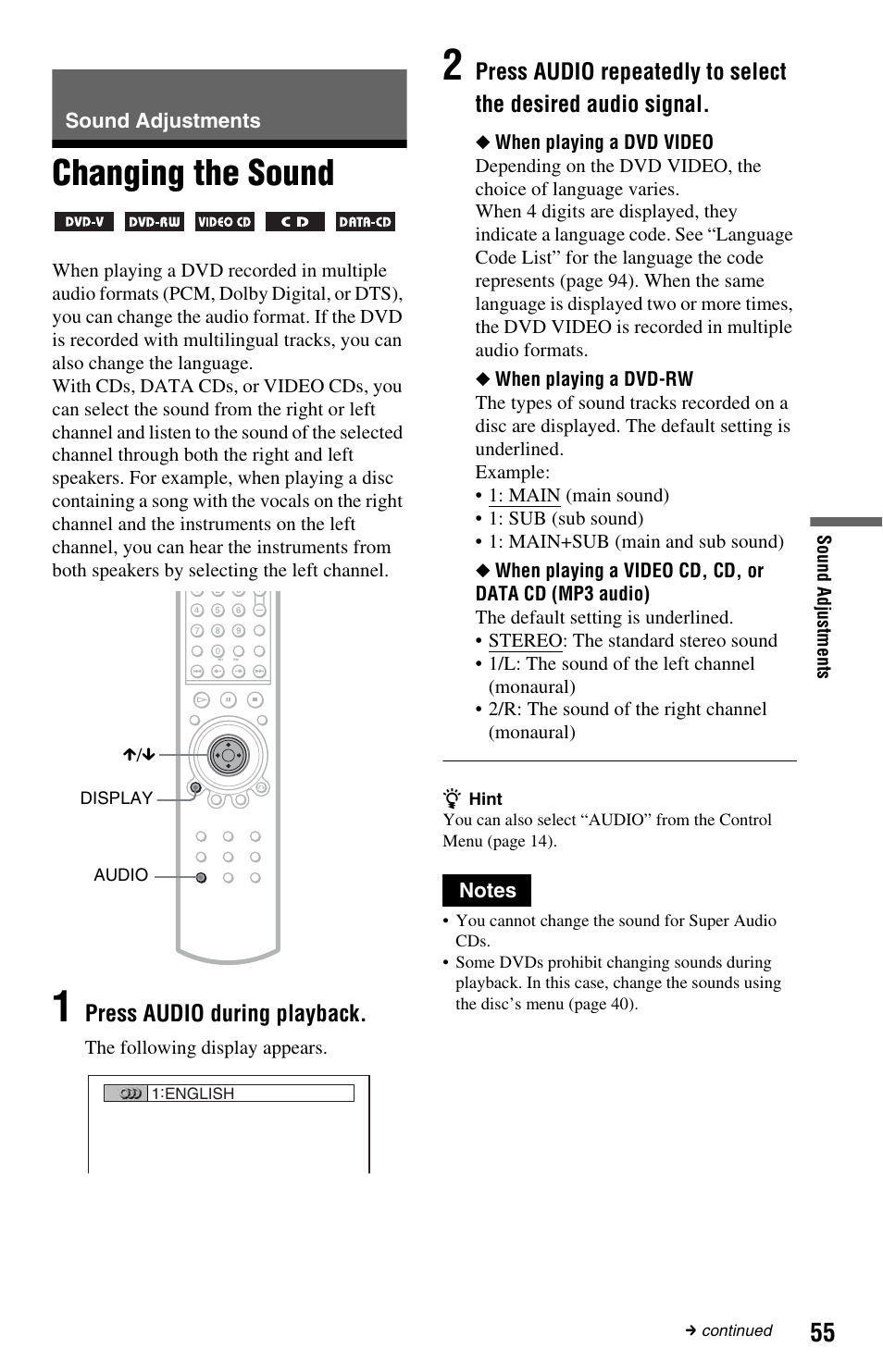 Sound adjustments, Changing the sound, Button (55) | Sony DVP-NS9100ES User Manual | Page 55 / 96