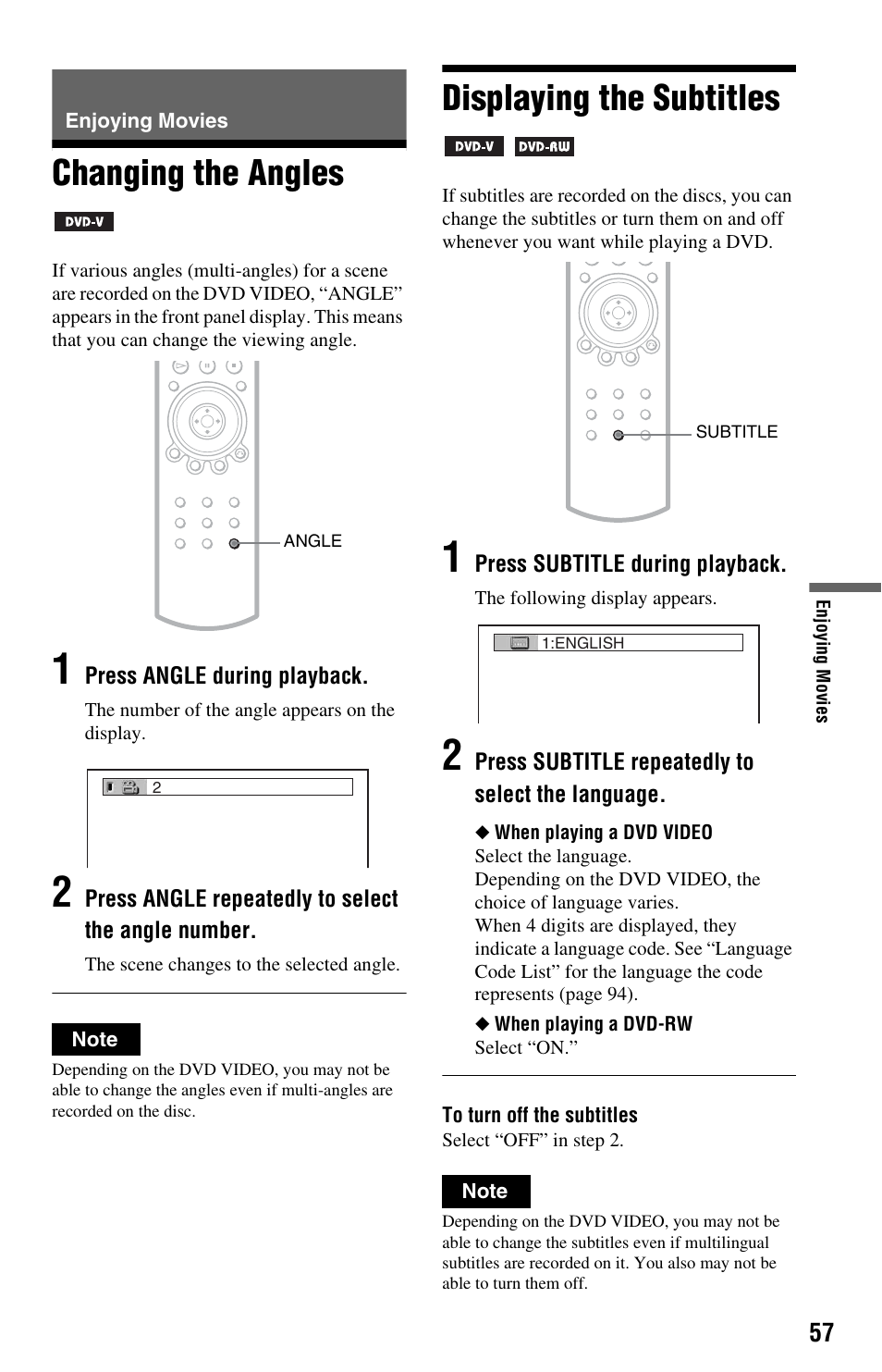 Enjoying movies, Changing the angles, Displaying the subtitles | Changing the angles displaying the subtitles, Angle button (57) | Sony DVP-NS9100ES User Manual | Page 57 / 96