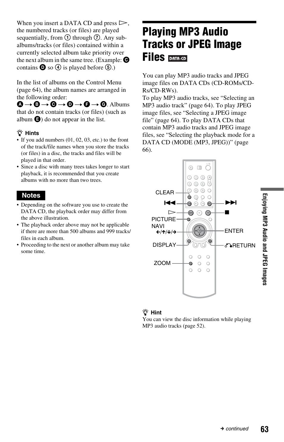 Playing mp3 audio tracks or jpeg image files | Sony DVP-NS9100ES User Manual | Page 63 / 96