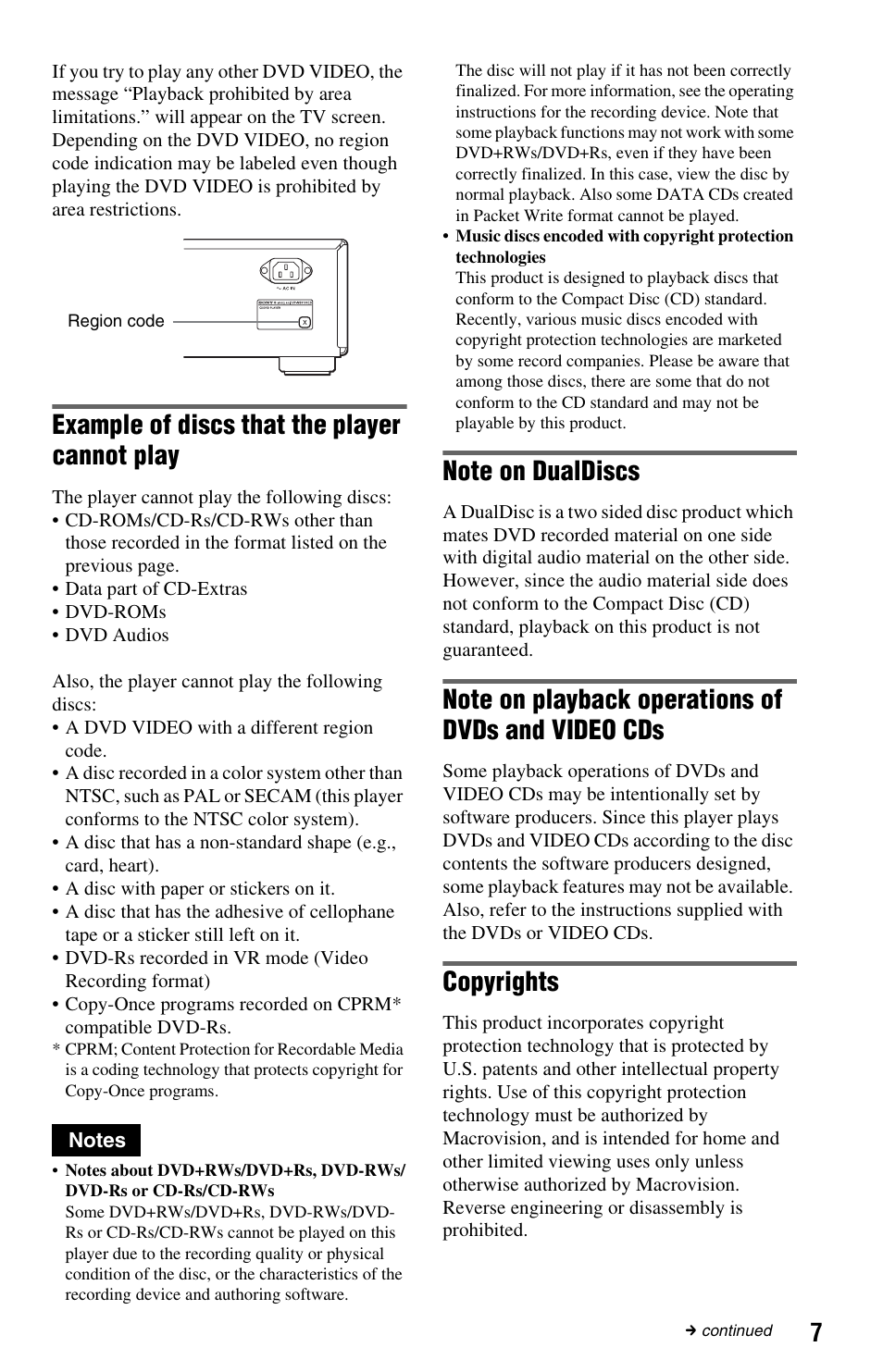 Example of discs that the player cannot play, Copyrights | Sony DVP-NS9100ES User Manual | Page 7 / 96