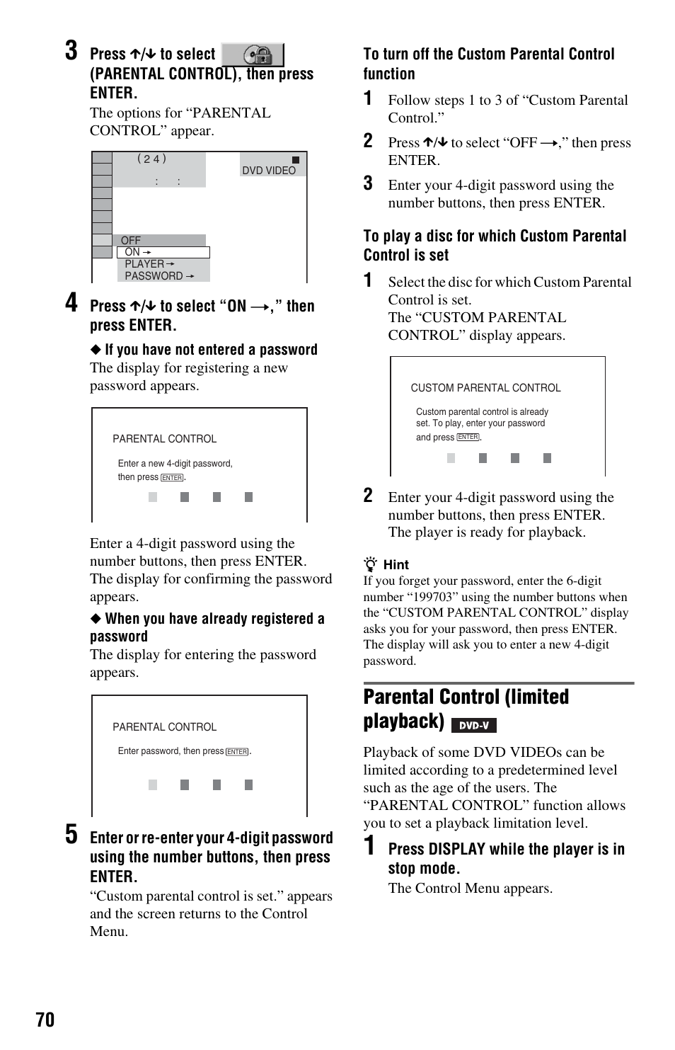 Parental control (limited playback) | Sony DVP-NS9100ES User Manual | Page 70 / 96