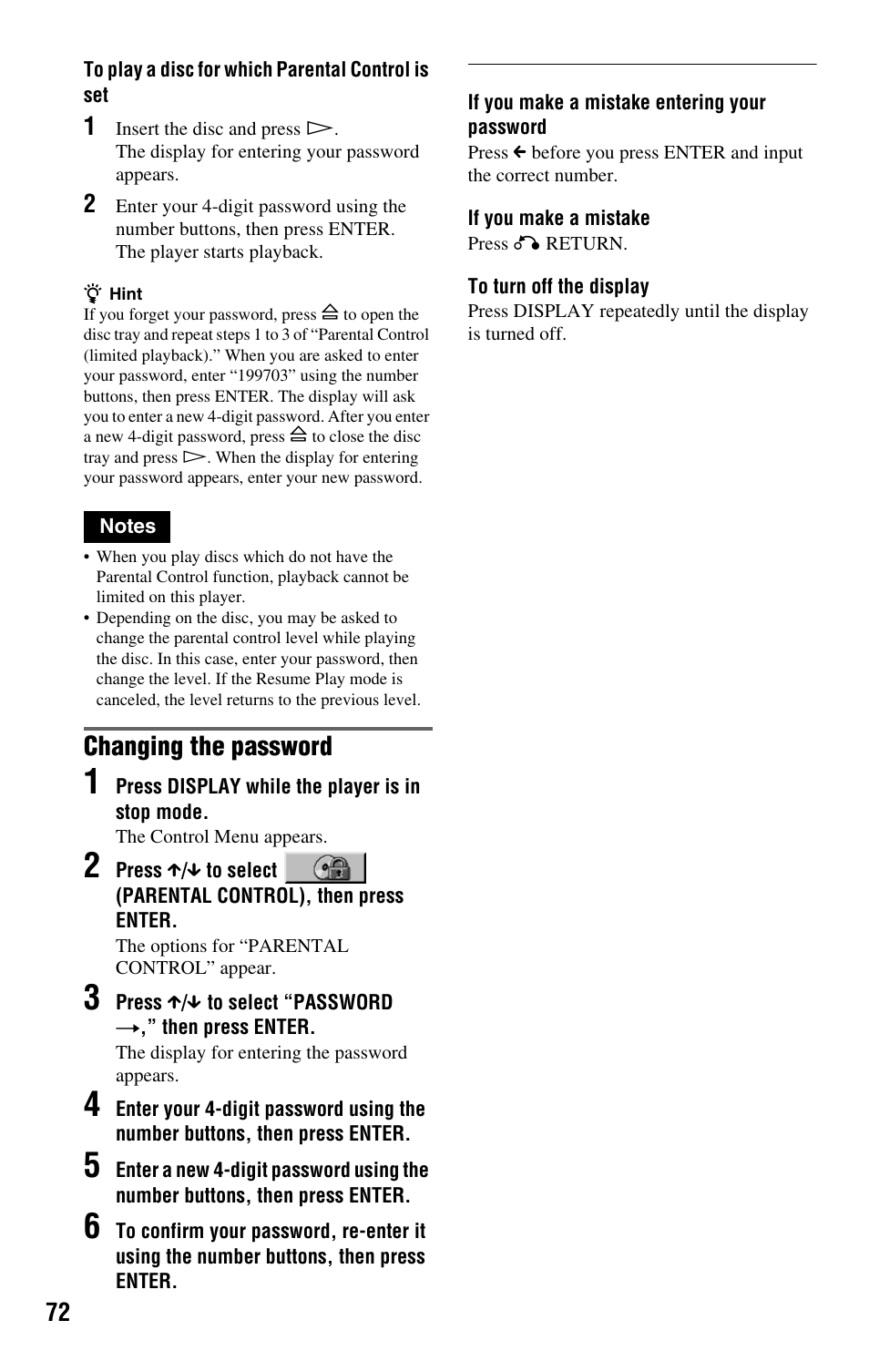 Changing the password | Sony DVP-NS9100ES User Manual | Page 72 / 96