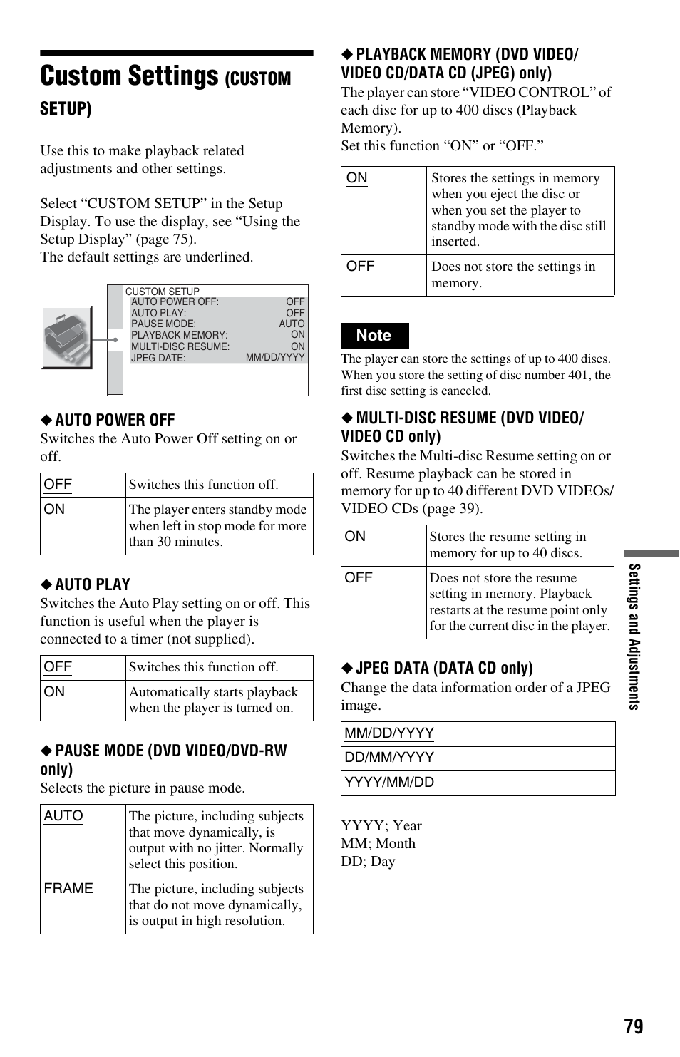 Custom settings (custom setup), Custom settings, Custom setup) | Sony DVP-NS9100ES User Manual | Page 79 / 96