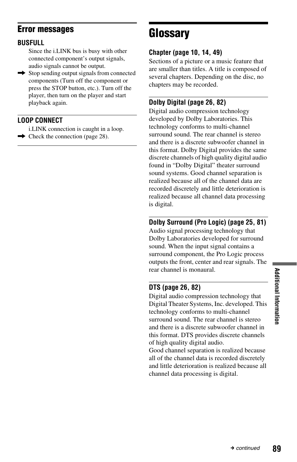 Glossary, Error messages | Sony DVP-NS9100ES User Manual | Page 89 / 96