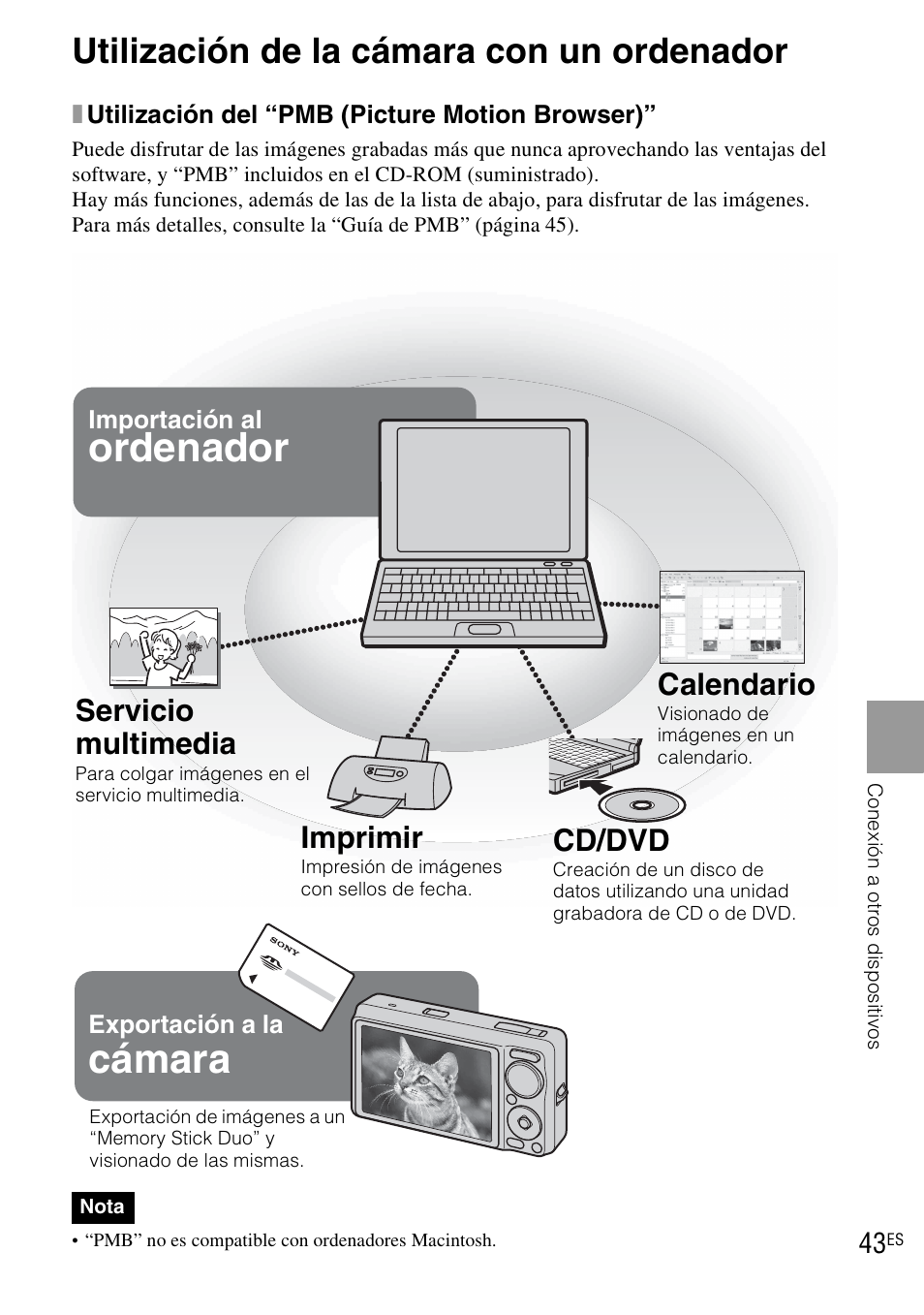 Utilización de la cámara con un ordenador, Cámara, Ordenador | Servicio multimedia, Imprimir, Cd/dvd, Calendario | Sony DSC-WX1 User Manual | Page 101 / 120