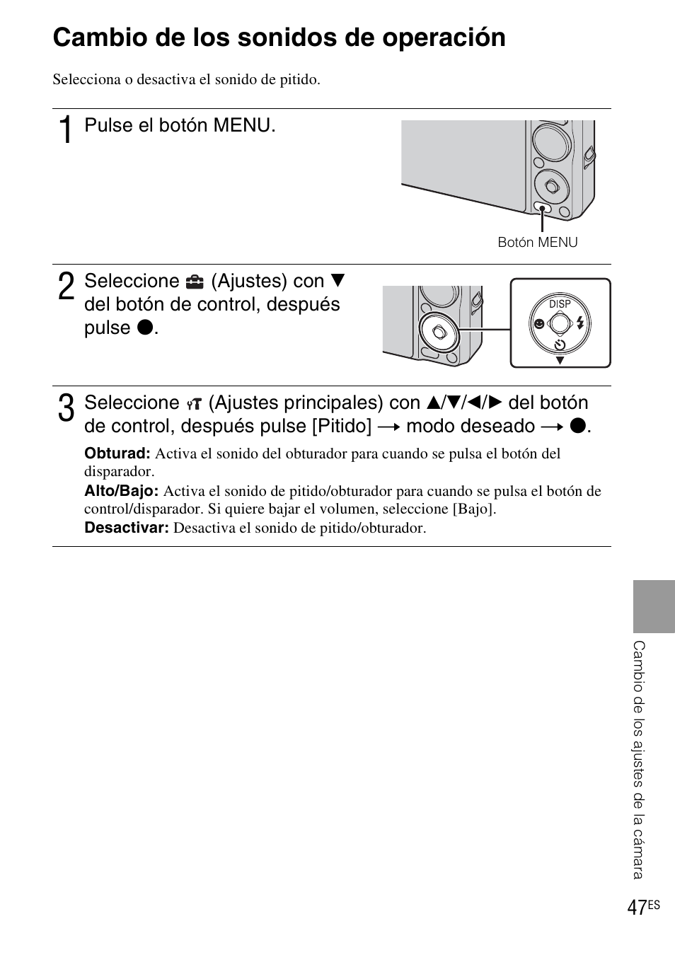 Cambio de los ajustes de la cámara, Cambio de los sonidos de operación | Sony DSC-WX1 User Manual | Page 105 / 120