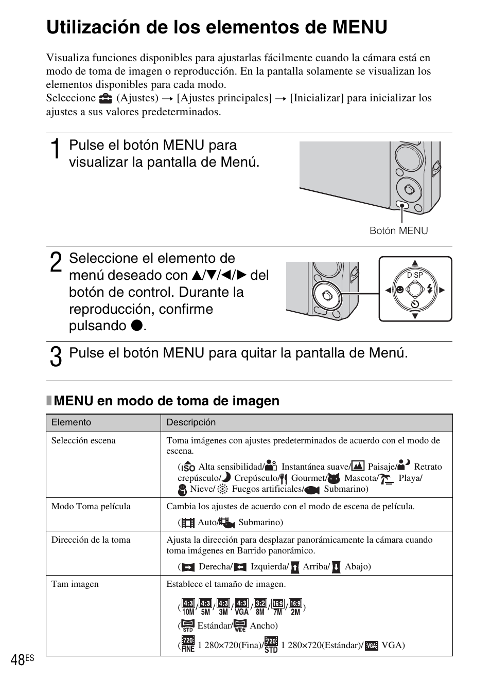 Utilización de los elementos de menu, Xmenu en modo de toma de imagen | Sony DSC-WX1 User Manual | Page 106 / 120