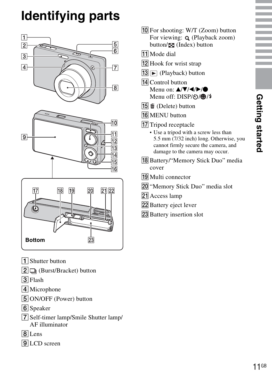 Identifying parts, Get ting st art e d 11 | Sony DSC-WX1 User Manual | Page 11 / 120