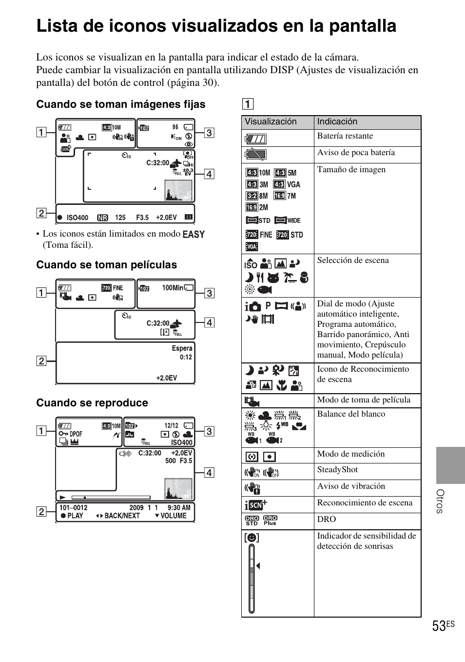 Otros, Lista de iconos visualizados en la pantalla | Sony DSC-WX1 User Manual | Page 111 / 120