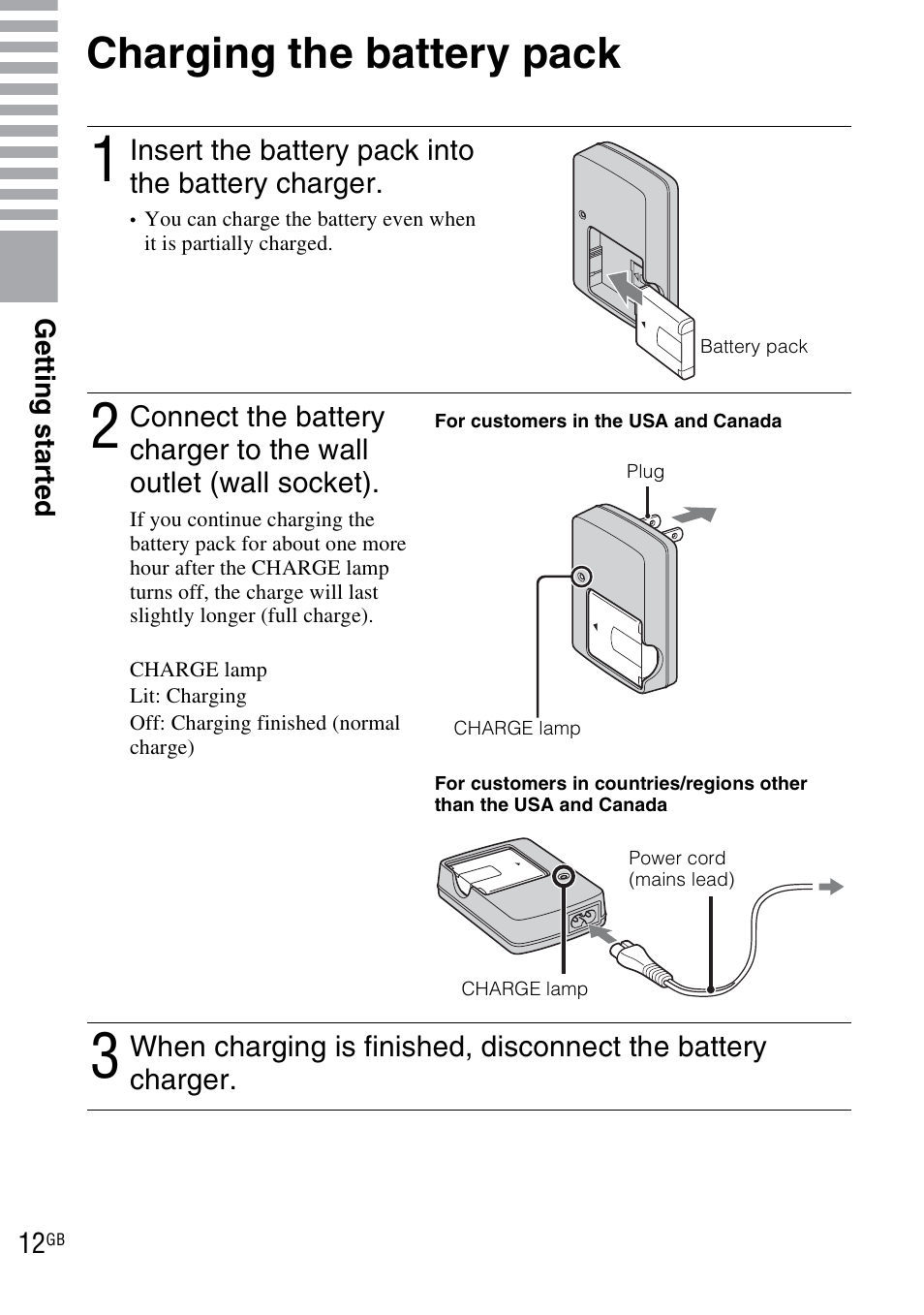 Charging the battery pack | Sony DSC-WX1 User Manual | Page 12 / 120