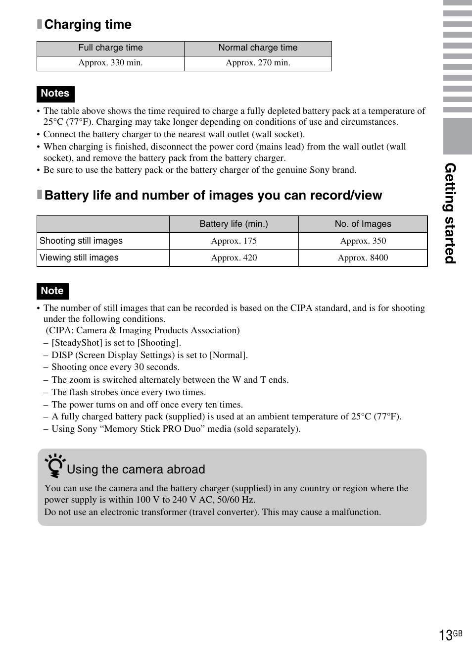 Get ting st art e d, Xcharging time | Sony DSC-WX1 User Manual | Page 13 / 120
