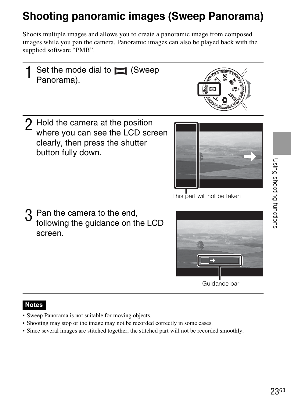 Shooting panoramic images (sweep panorama) | Sony DSC-WX1 User Manual | Page 23 / 120