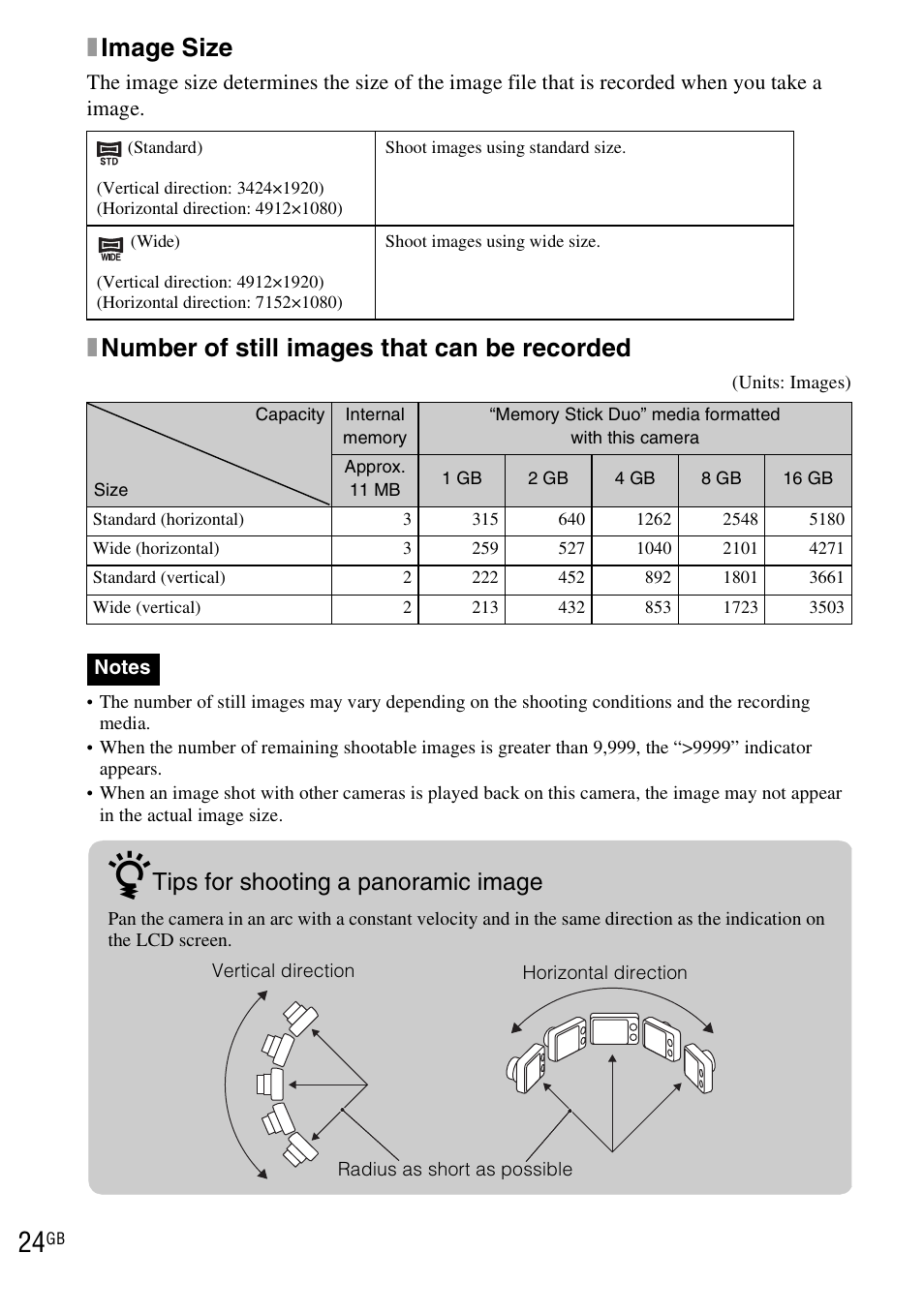 Ximage size, Xnumber of still images that can be recorded, Tips for shooting a panoramic image | Sony DSC-WX1 User Manual | Page 24 / 120