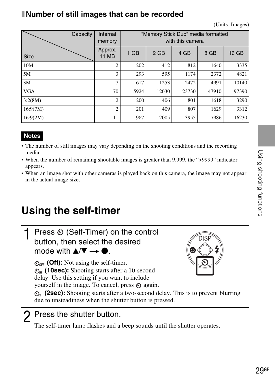 Using the self-timer, Press the shutter button, Xnumber of still images that can be recorded | Sony DSC-WX1 User Manual | Page 29 / 120