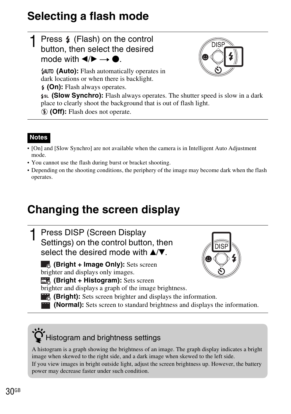 Selecting a flash mode, Changing the screen display, Selecting a flash mode changing the screen display | Sony DSC-WX1 User Manual | Page 30 / 120