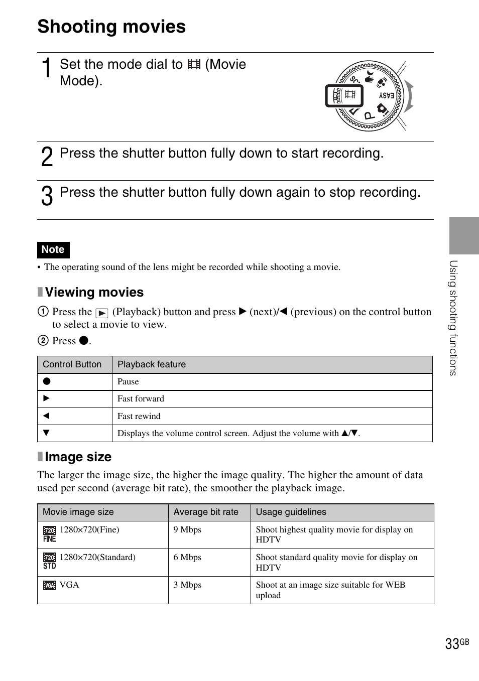 Shooting movies, Set the mode dial to (movie mode) | Sony DSC-WX1 User Manual | Page 33 / 120