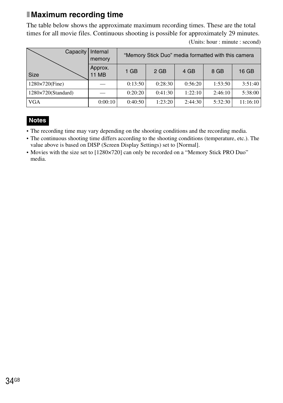 Xmaximum recording time | Sony DSC-WX1 User Manual | Page 34 / 120