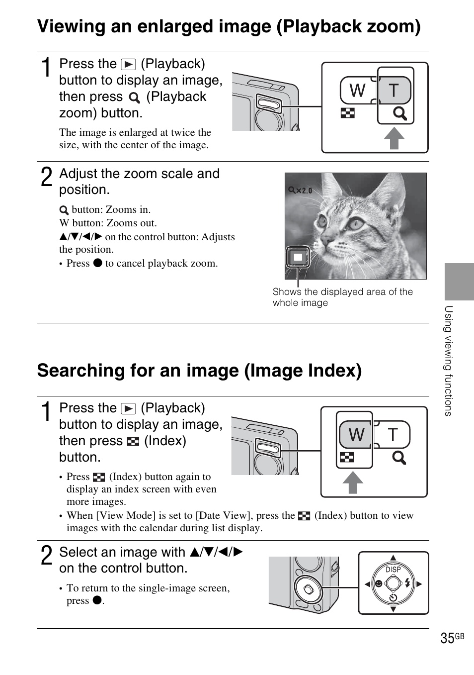 Using viewing functions, Viewing an enlarged image (playback zoom), Searching for an image (image index) | Sony DSC-WX1 User Manual | Page 35 / 120