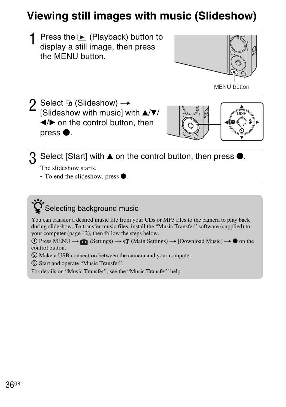 Viewing still images with music (slideshow) | Sony DSC-WX1 User Manual | Page 36 / 120