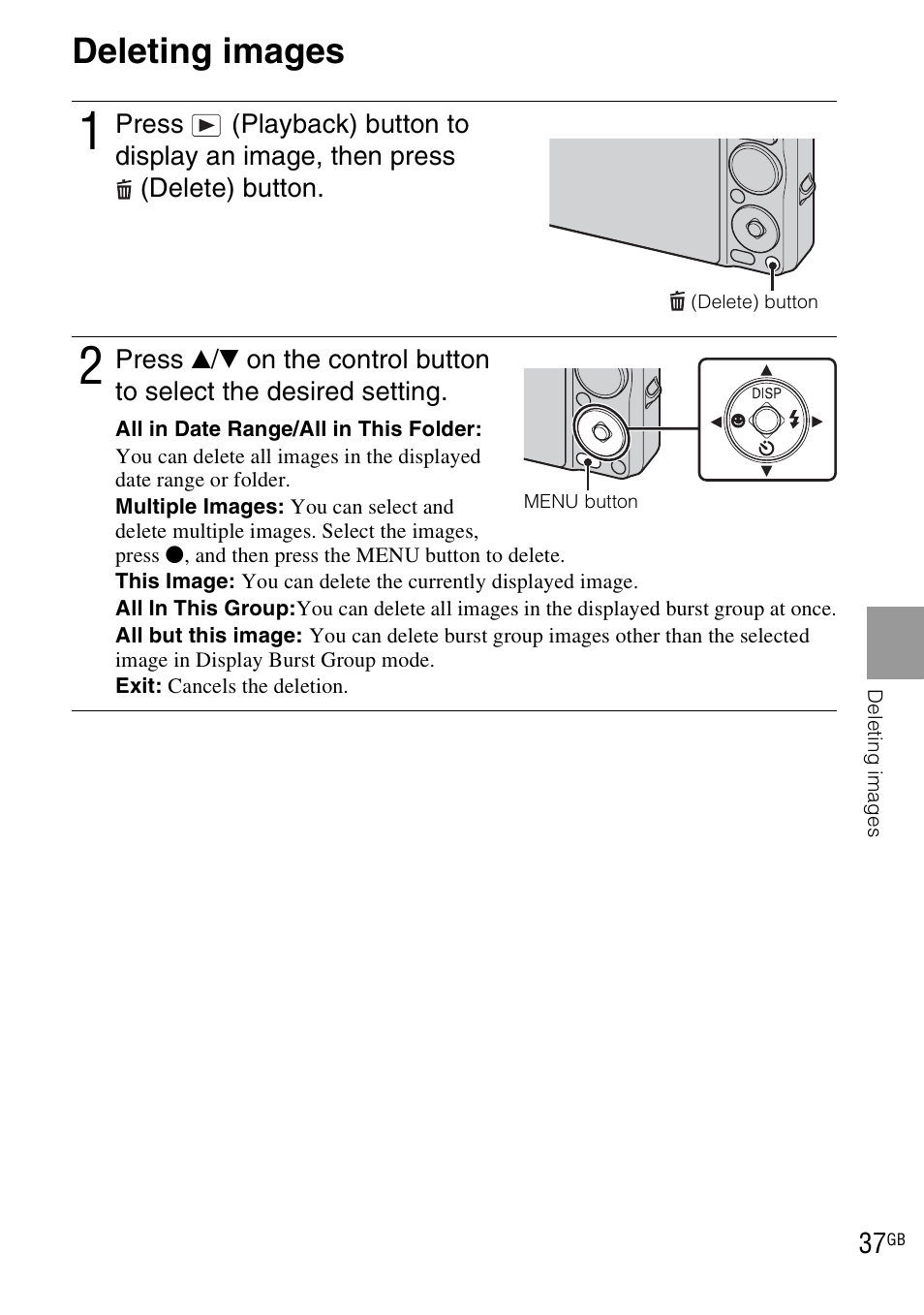 Deleting images | Sony DSC-WX1 User Manual | Page 37 / 120