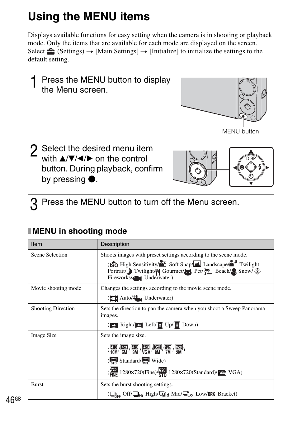 Using the menu items, Press the menu button to display the menu screen, Press the menu button to turn off the menu screen | Xmenu in shooting mode | Sony DSC-WX1 User Manual | Page 46 / 120