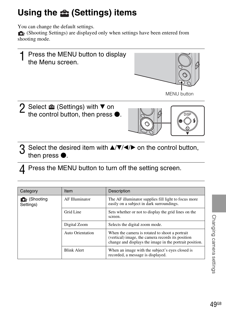 Using the (settings) items, Using the, Settings) items | Sony DSC-WX1 User Manual | Page 49 / 120