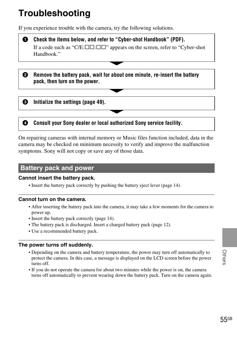 Troubleshooting, Battery pack and power | Sony DSC-WX1 User Manual | Page 55 / 120