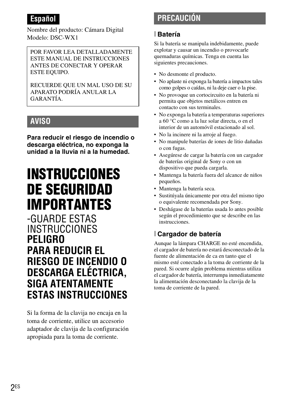 Español, Instrucciones de seguridad importantes, Aviso precaución | Sony DSC-WX1 User Manual | Page 60 / 120