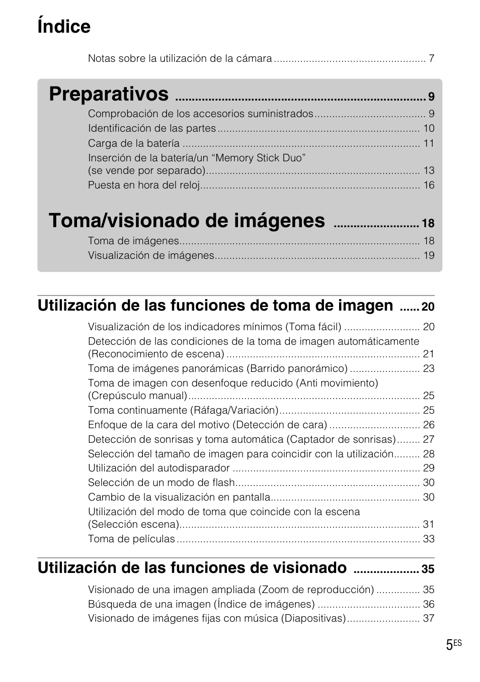 Índice, Preparativos, Toma/visionado de imágenes | Utilización de las funciones de toma de imagen, Utilización de las funciones de visionado | Sony DSC-WX1 User Manual | Page 63 / 120