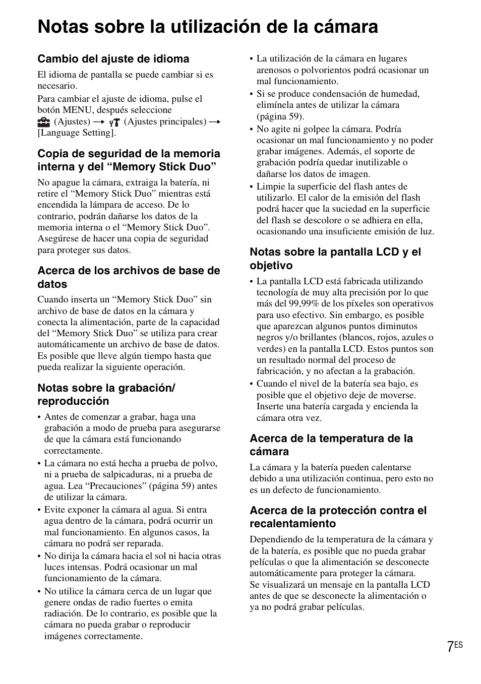 Notas sobre la utilización de la cámara | Sony DSC-WX1 User Manual | Page 65 / 120