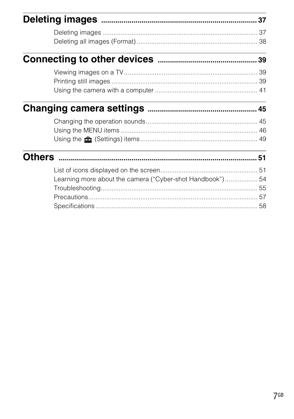 Deleting images, Connecting to other devices, Changing camera settings | Others | Sony DSC-WX1 User Manual | Page 7 / 120