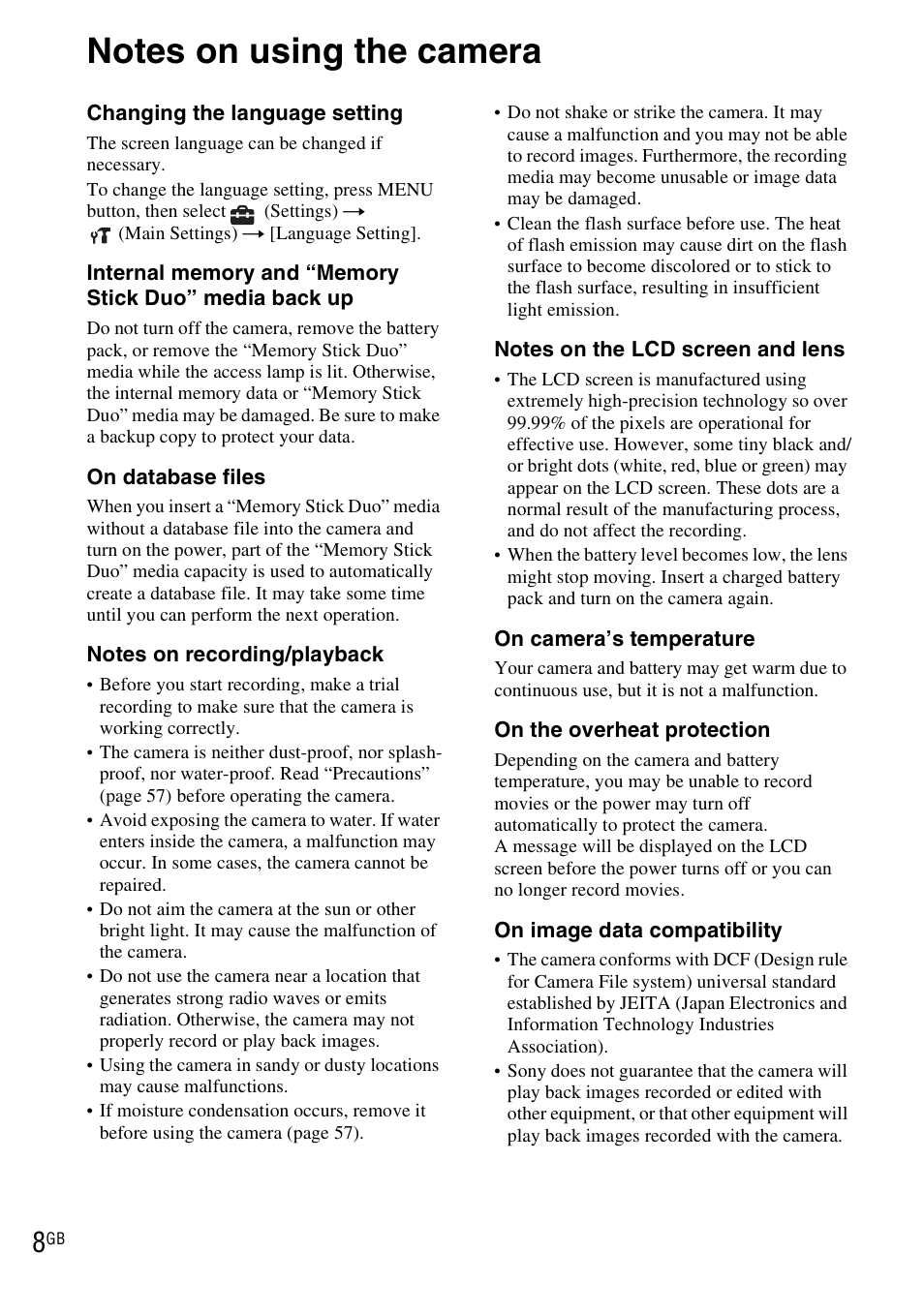 Notes on using the camera | Sony DSC-WX1 User Manual | Page 8 / 120