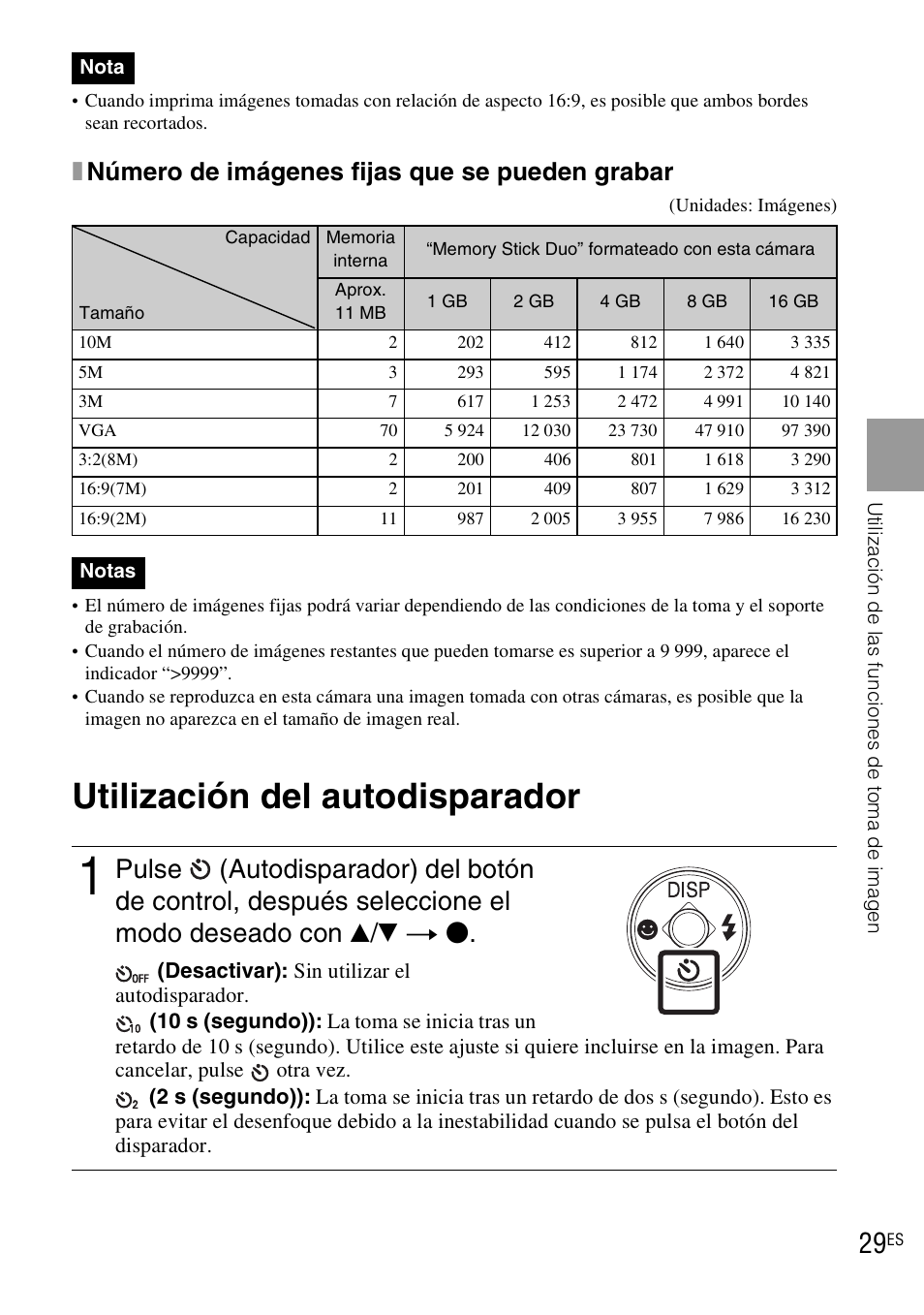 Utilización del autodisparador, Xnúmero de imágenes fijas que se pueden grabar | Sony DSC-WX1 User Manual | Page 87 / 120