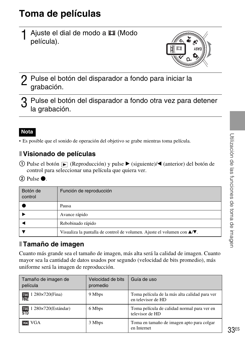Toma de películas, Ajuste el dial de modo a (modo película), Xvisionado de películas | Xtamaño de imagen | Sony DSC-WX1 User Manual | Page 91 / 120