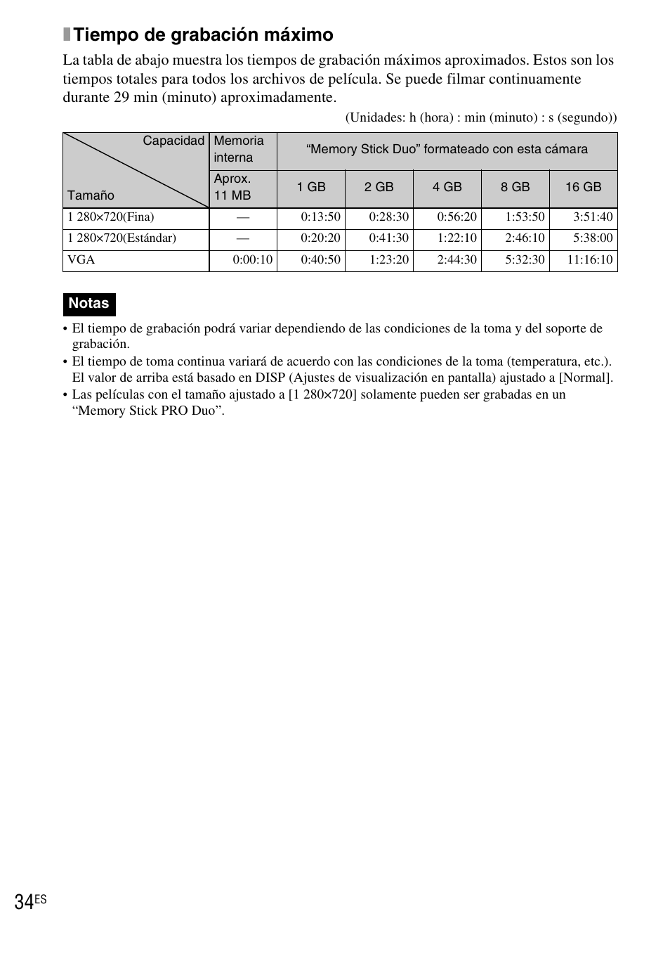 Xtiempo de grabación máximo | Sony DSC-WX1 User Manual | Page 92 / 120