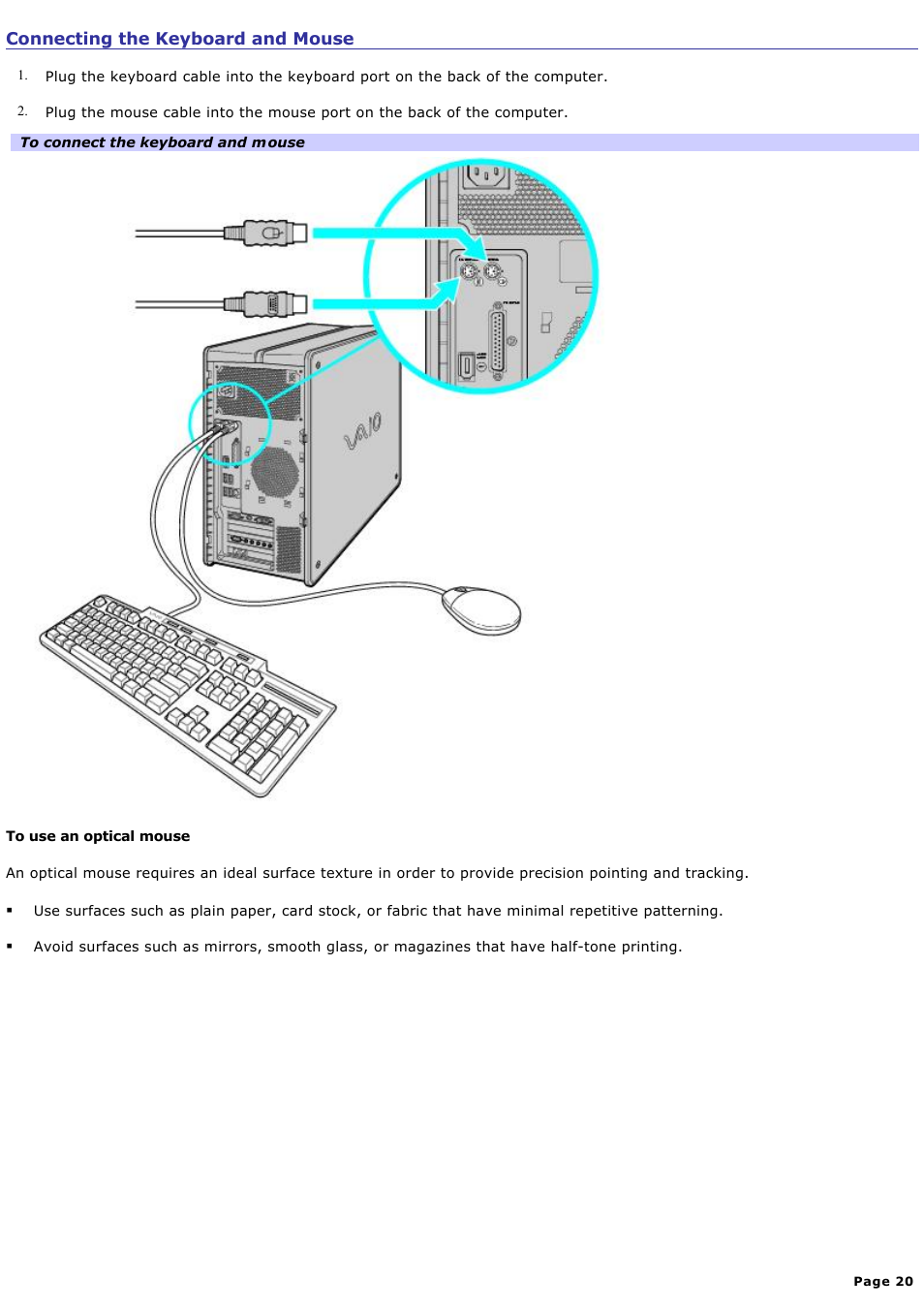 Connecting the keyboard and mouse | Sony PCV-RZ40C User Manual | Page 20 / 91