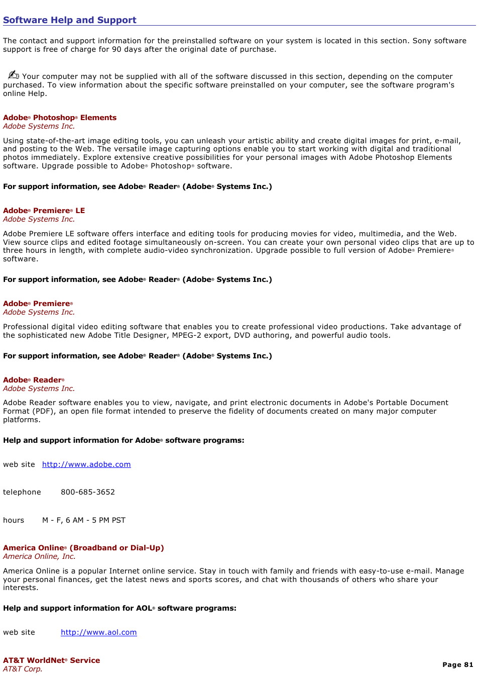 Software help and support | Sony PCV-RZ40C User Manual | Page 81 / 91
