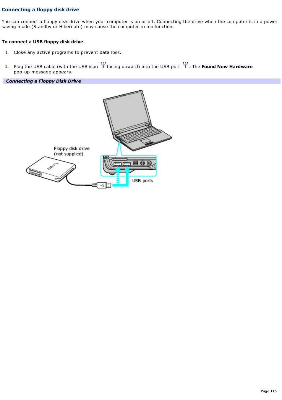 Connecting a floppy disk drive | Sony PCG-Z1WA User Manual | Page 115 / 171