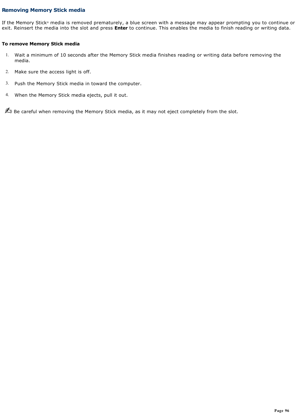 Removing memory stick media | Sony PCG-Z1WA User Manual | Page 96 / 171