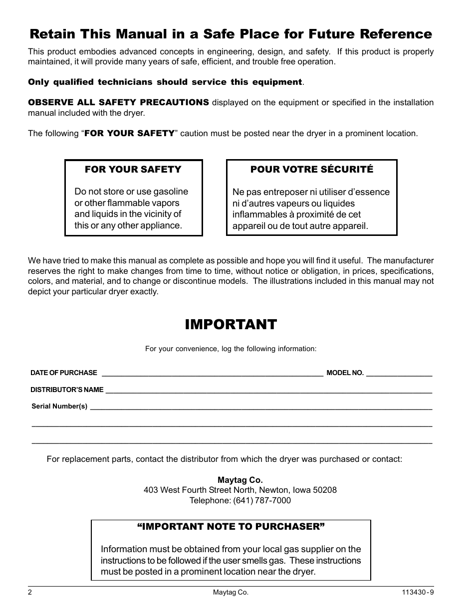 Important | American Dryer Corp. MDG77 User Manual | Page 2 / 26