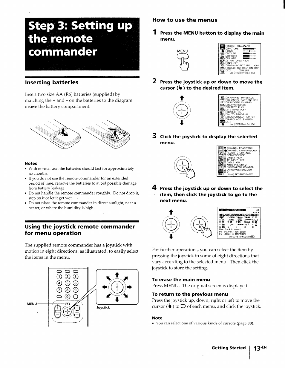 Inserting batteries, How to use the menus, Step 3: setting up the remote commander | Sony KP-61XBR48 User Manual | Page 13 / 95