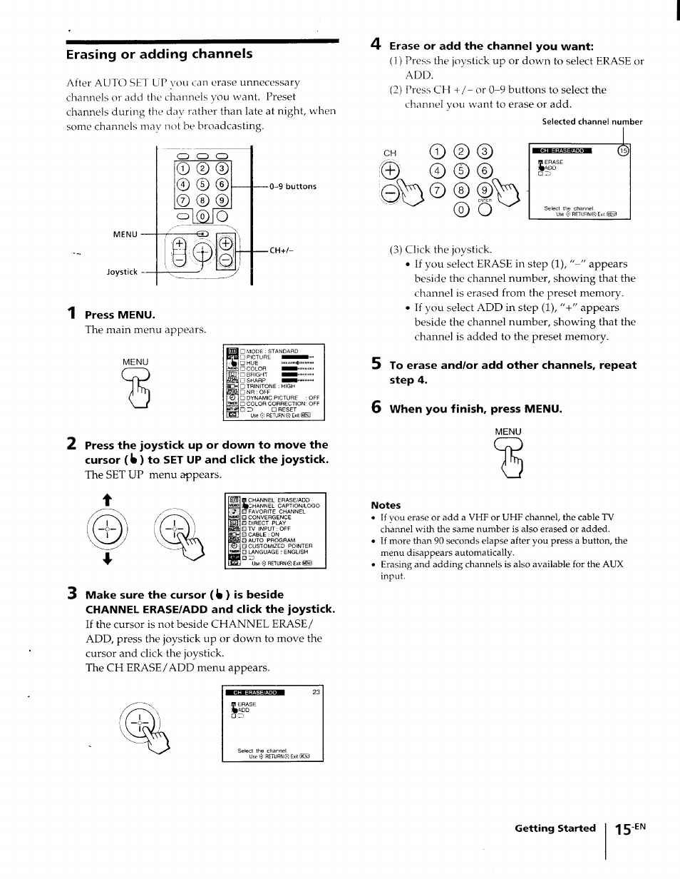Erasing or adding channels, 1 press menu, 4 erase or add the channel you want | 6 when you finish, press menu | Sony KP-61XBR48 User Manual | Page 15 / 95