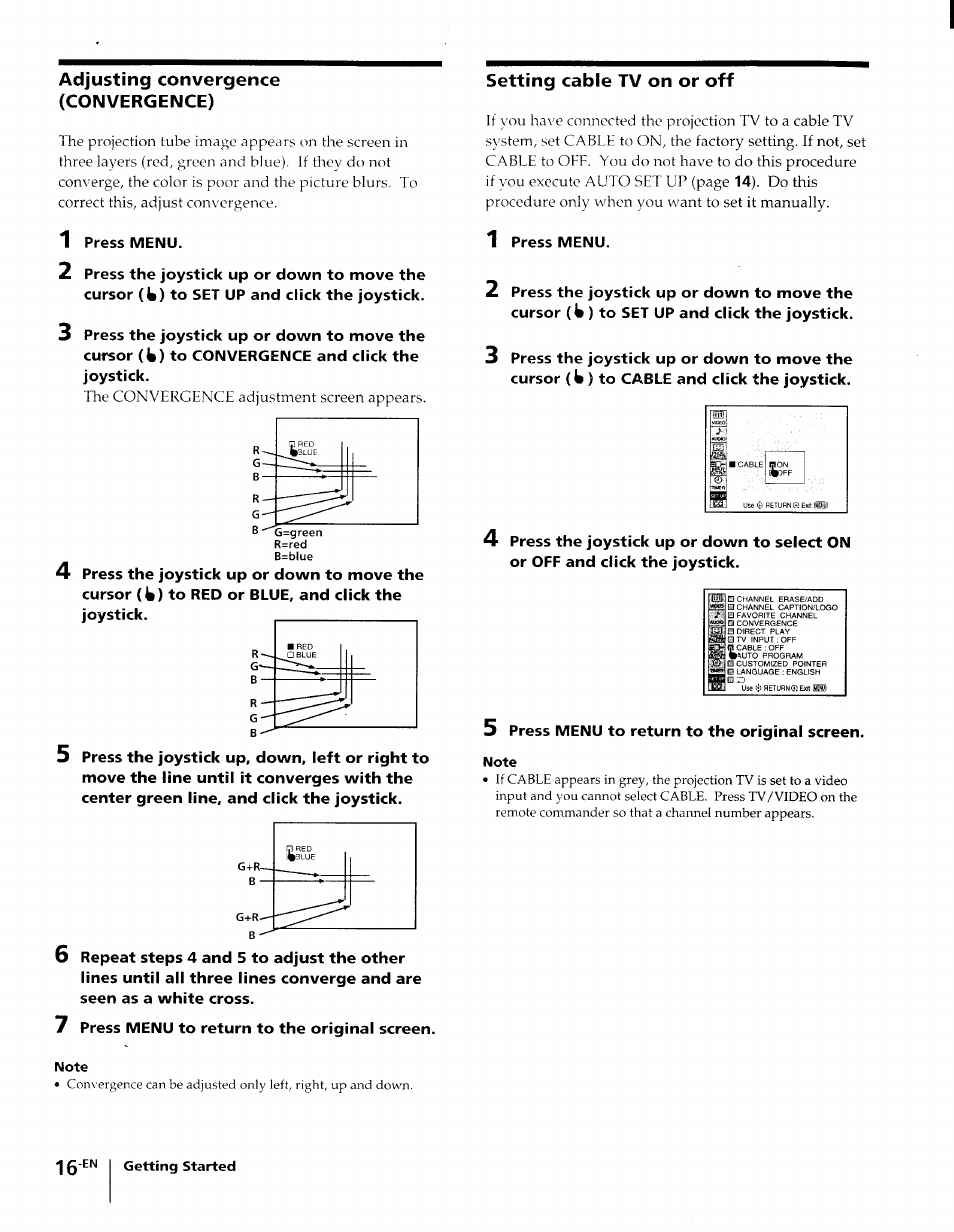 Adjusting convergence (convergence), Setting cable tv on or off | Sony KP-61XBR48 User Manual | Page 16 / 95