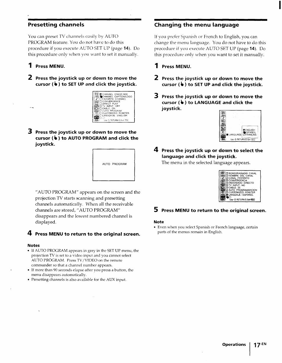 Presetting channels, Changing the menu language, Presetting channels changing the menu language | Press menu, Press menu to return to the original screen | Sony KP-61XBR48 User Manual | Page 17 / 95