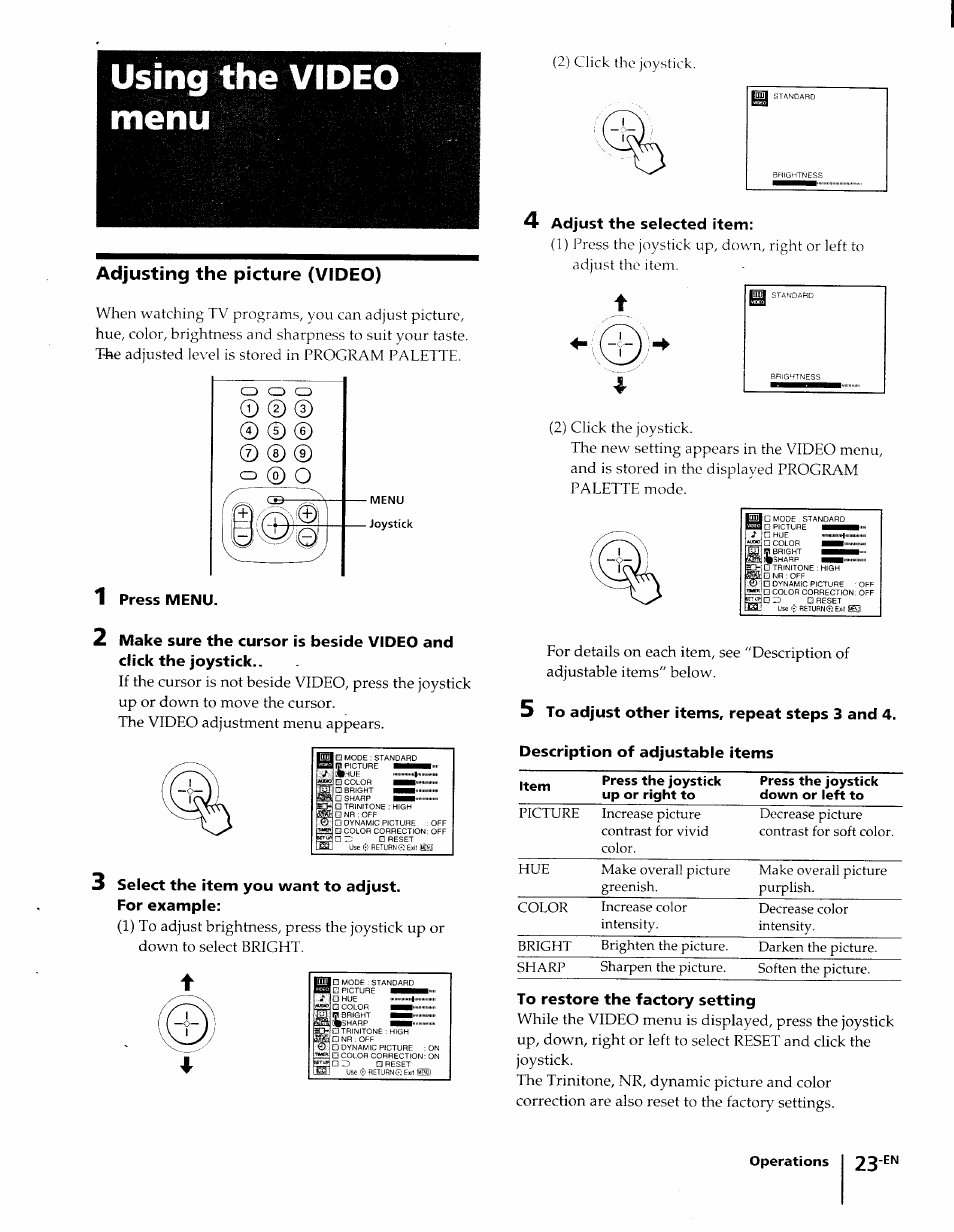 Using the video menu, Adjusting the picture (video), О © о | Sony KP-61XBR48 User Manual | Page 23 / 95