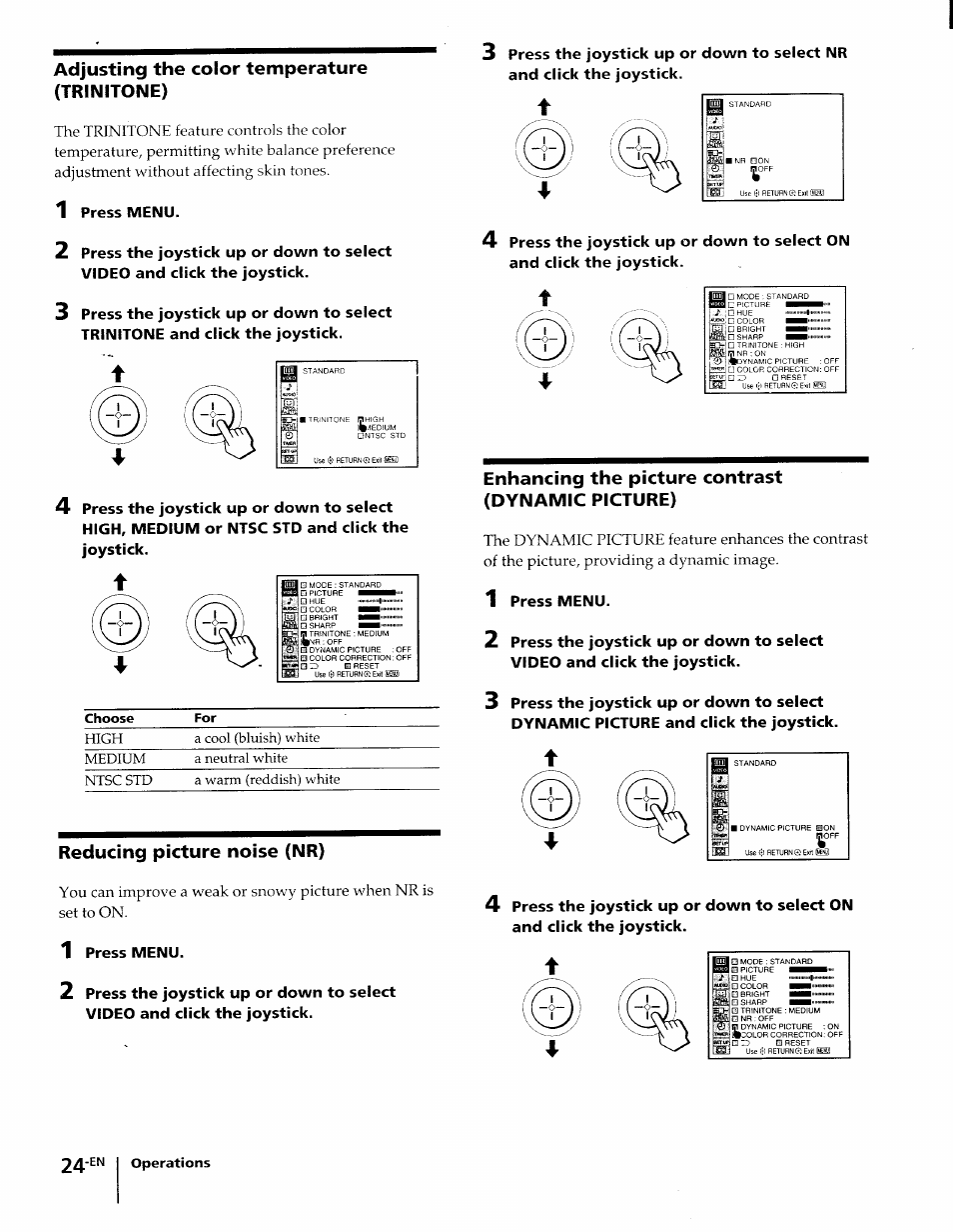 Adjusting the color temperature (trinitone), Enhancing the picture contrast (dynamic picture), Reducing picture noise (nr) | Sony KP-61XBR48 User Manual | Page 24 / 95